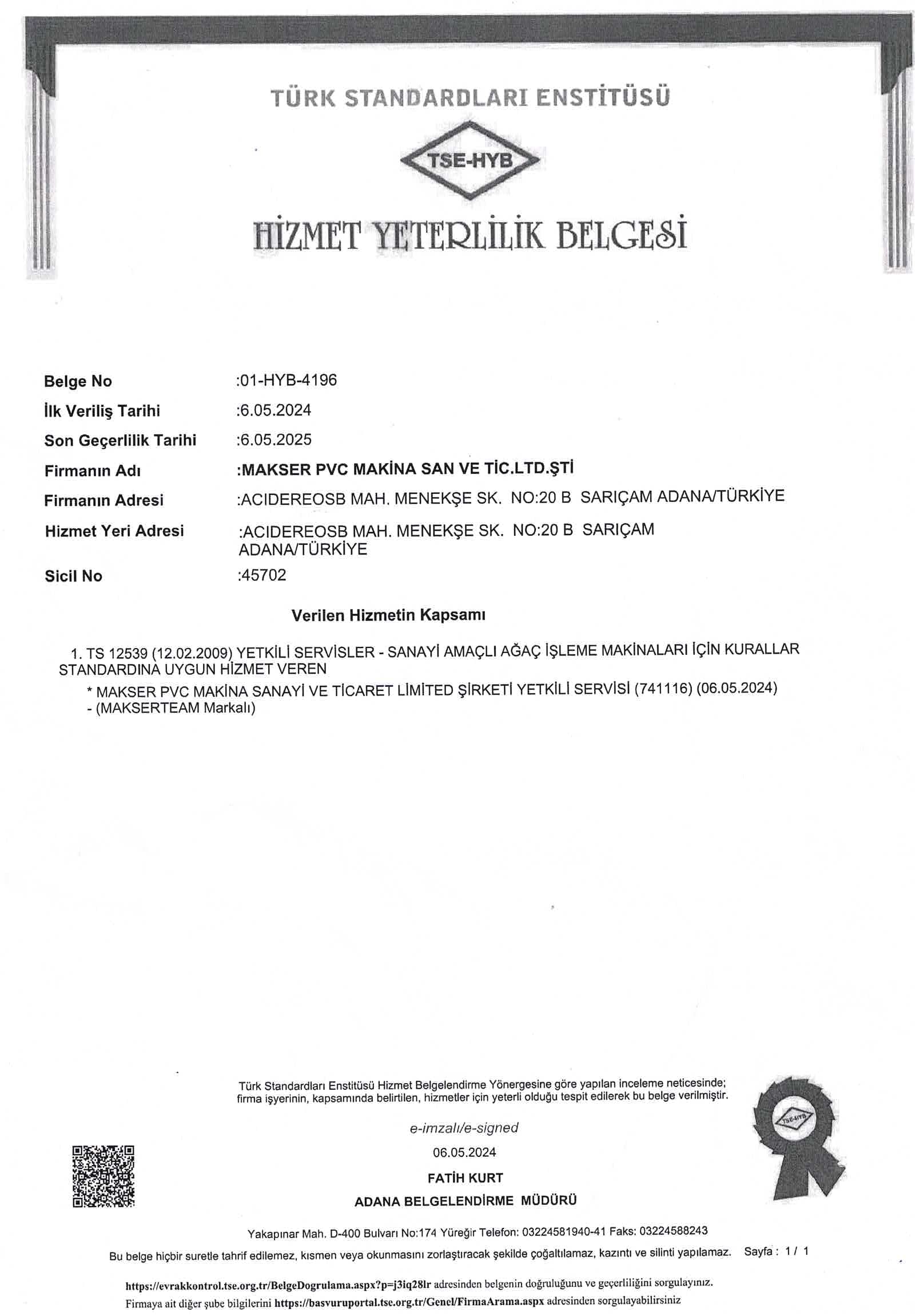 hizmet HİZMET YETERLİLİK SERTİFİKASI