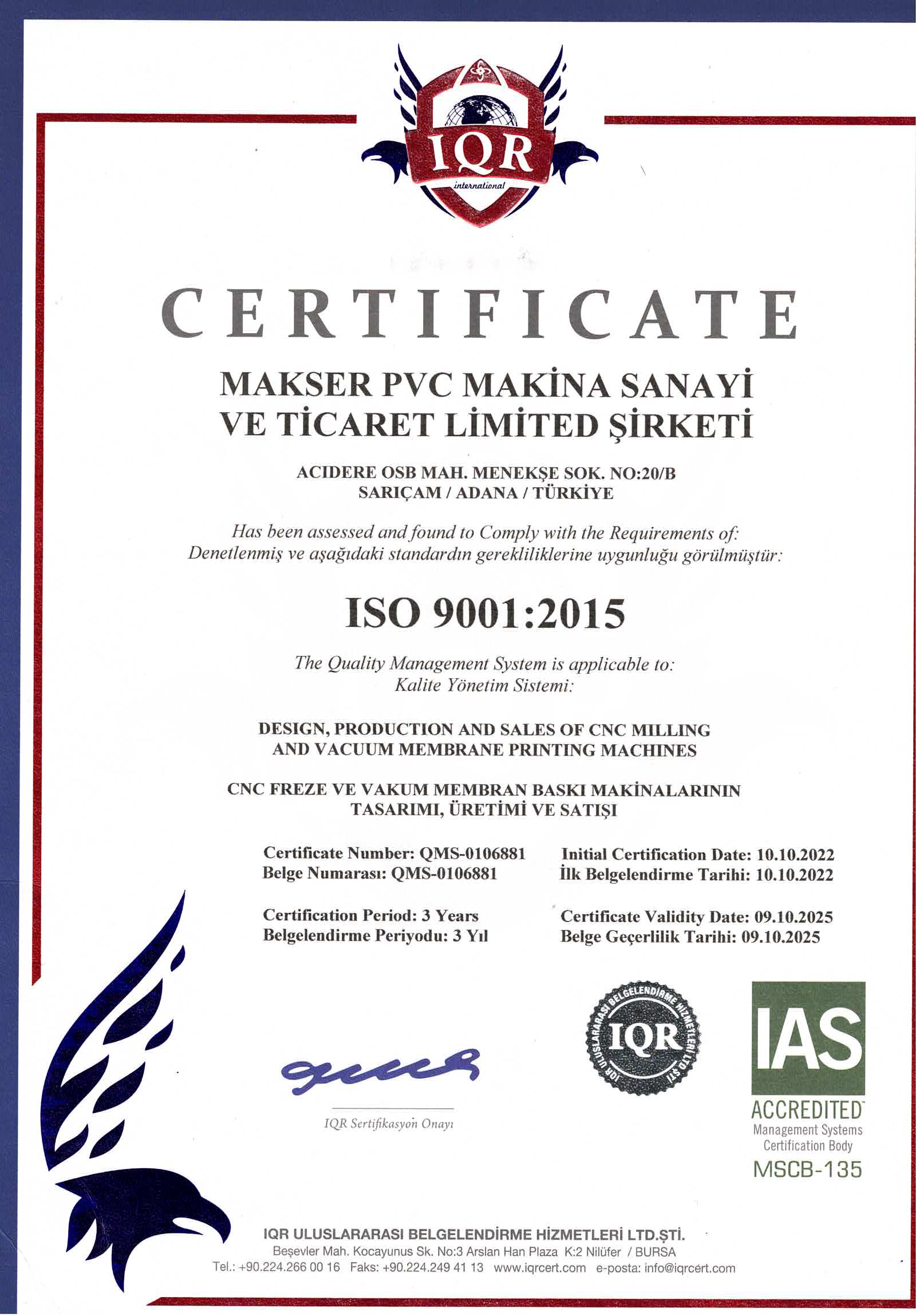 kalite makser kalite sertifikası