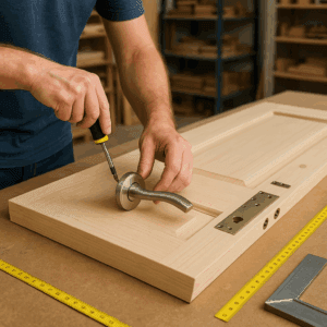 Kapı kolu ve kilit montajı yapılan bir kapı üzerinde çalışan usta. A craftsman installing a door handle and lock on a wooden door. Ein Handwerker, der einen Türgriff und ein Schloss an einer Holztür montiert.
