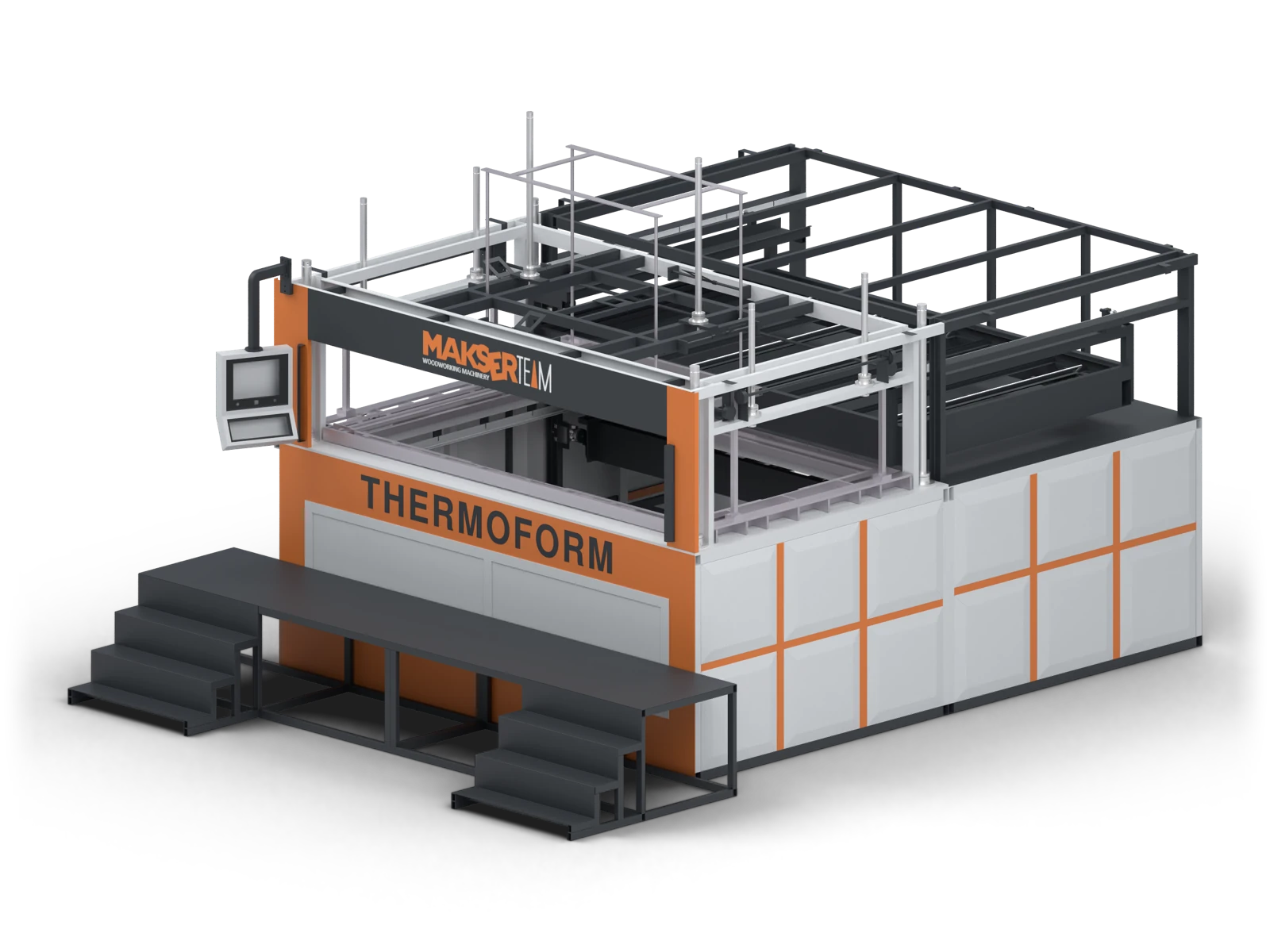 Makser thermoform makinesinin ön sağ çapraz görünümü; kumanda paneli, çalışma çerçevesi ve ön platform.